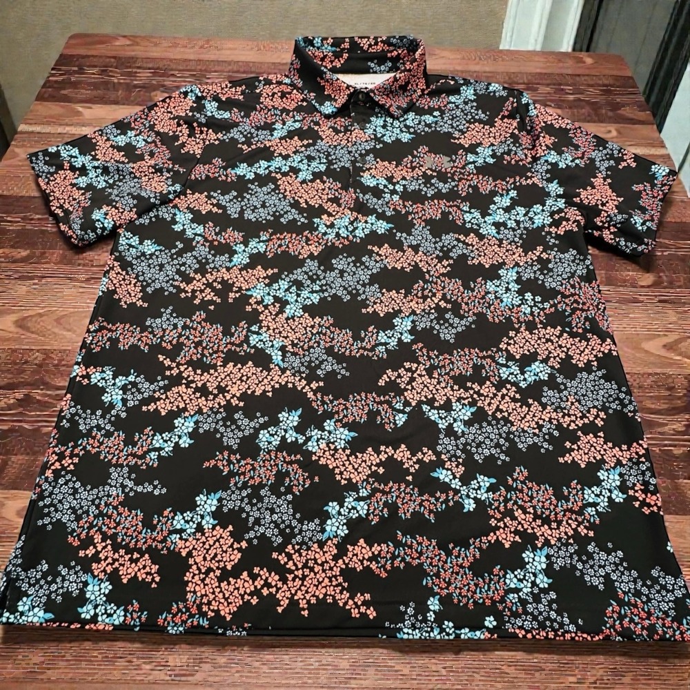 Under Armour Men's XL Playoff Polo Golf Shirt Floral Print Black Coral Blue